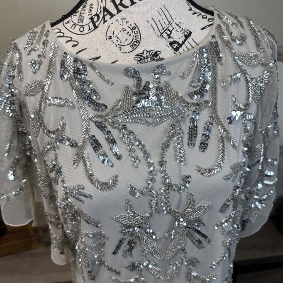 Johnny Was Silver Sequin Cocktail Mini Formal Dress Size 12 Flutter Sleeve Glitz - Picture 3 of 13